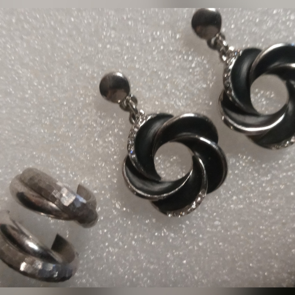 Elegant Silver Twisted Half Hoops and Black Knot Earrings W/ Crystals
